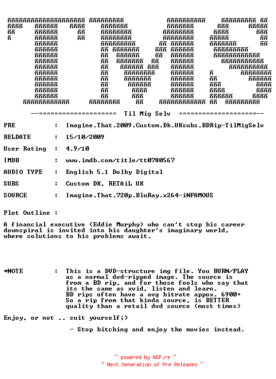 NFO for the release Imagine.That.2009.Custom.Dk.UKsubs.BDRip-TilMigSelv by TilMigSelv