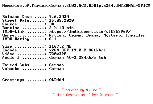 NFO for the release Memories.of.Murder.German.2003.AC3.BDRip.x264.iNTERNAL-SPiCY by SPiCY