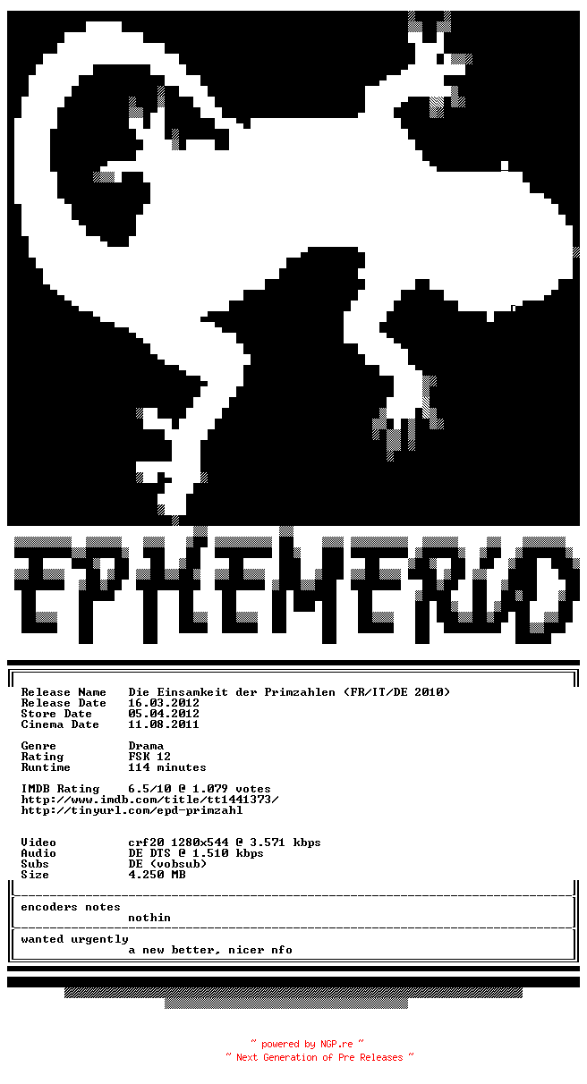 NFO for the release Die.Einsamkeit.der.Primzahlen.German.720p.BluRay.x264-EPHEMERiD by EPHEMERiD