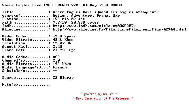 NFO for the release Where.Eagles.Dare.1968.FRENCH.720p.BluRay.x264-ROUGH by ROUGH