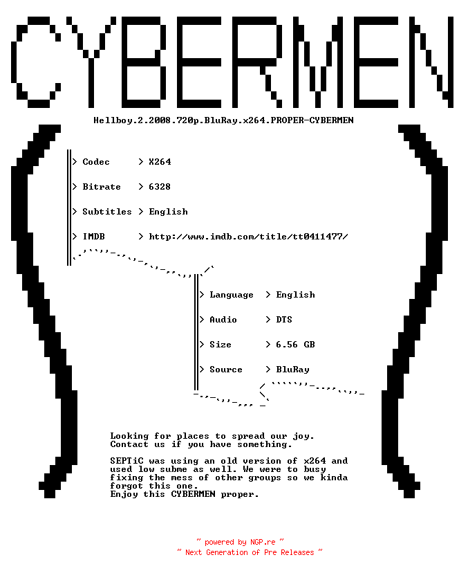 NFO for the release Hellboy.2.2008.720p.BluRay.x264.PROPER-CYBERMEN by CYBERMEN