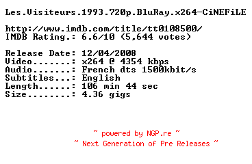 NFO for the release Les.Visiteurs.1993.720p.BluRay.x264-CiNEFiLE by CiNEFiLE
