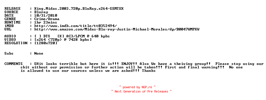 NFO for the release King.Midas.2003.720p.BluRay.x264-SEMTEX by SEMTEX