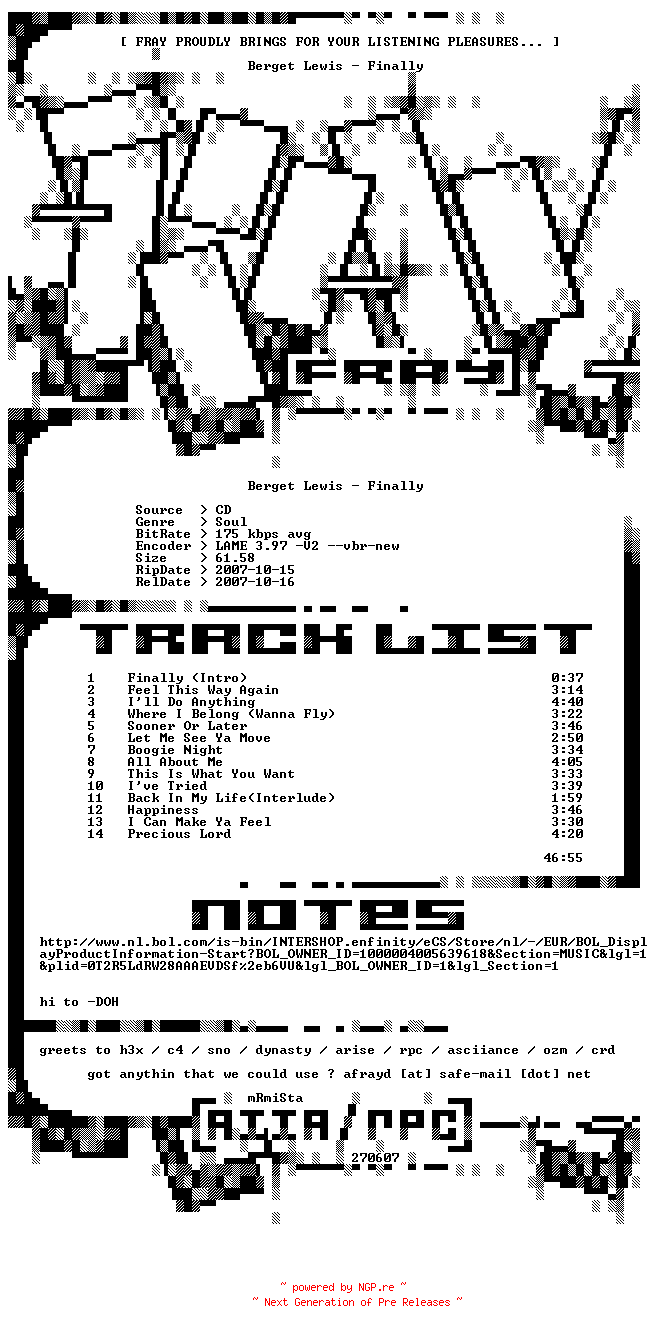 NFO for the release Berget_Lewis-Finally-2007-FRAY by FRAY