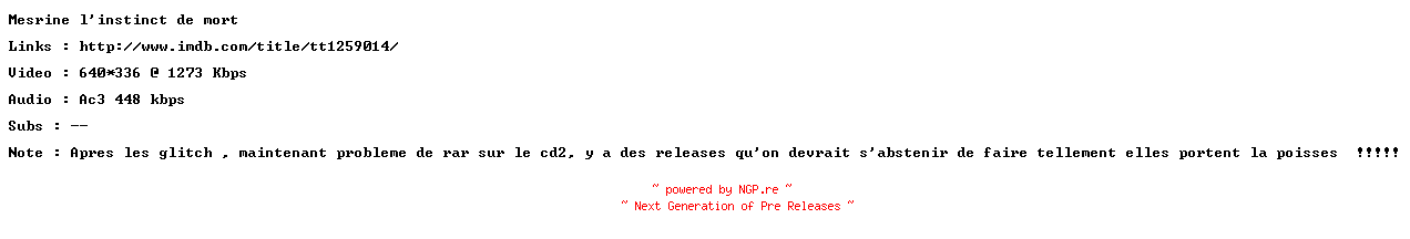 NFO for the release Mesrine.L.instinct.De.Mort.CD2.REAL.REPACK.FRENCH.BDRiP.XViD-SURViVAL by SURViVAL
