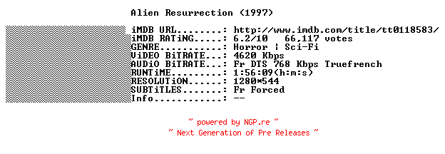 NFO for the release Alien.Resurrection.1997.Special.Edition.FRENCH.720p.BluRay.x264-THENiGHTMAREiNHD by THENiGHTMAREiNHD