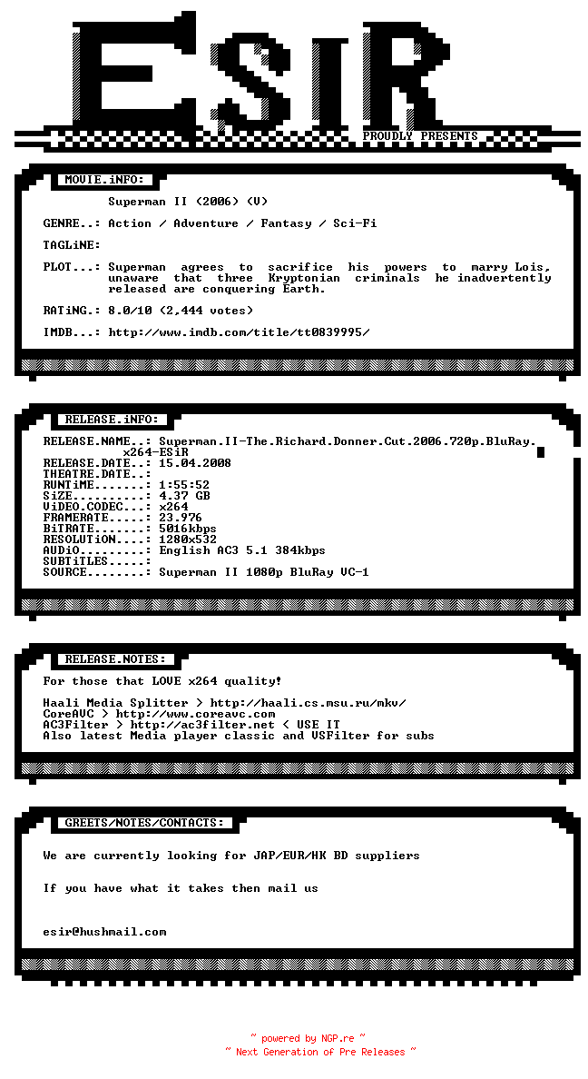 NFO for the release Superman.II-The.Richard.Donner.Cut.2006.720p.BluRay.x264-ESiR by ESiR