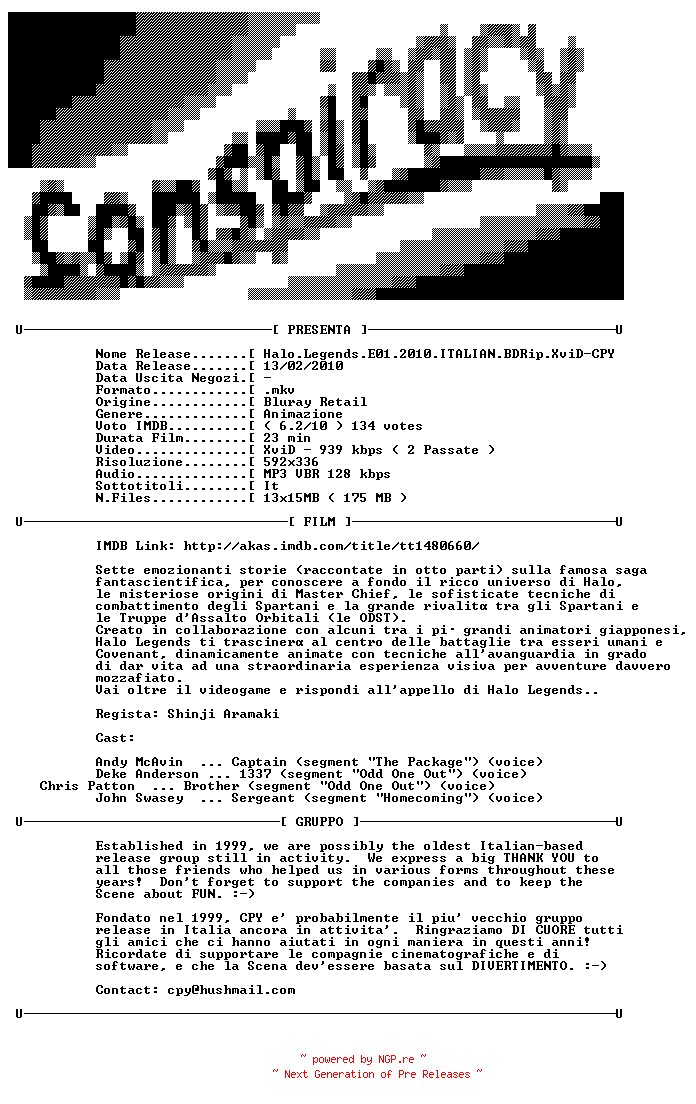 NFO for the release Halo.Legends.E01.2010.ITALIAN.BDRip.XviD-CPY by CPY