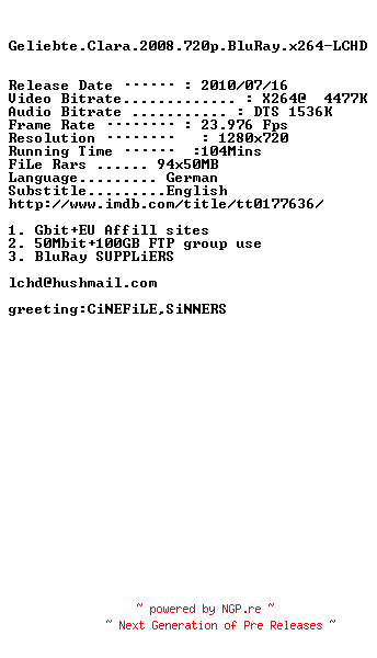 NFO for the release Geliebte.Clara.2008.720p.BluRay.x264-LCHD by LCHD