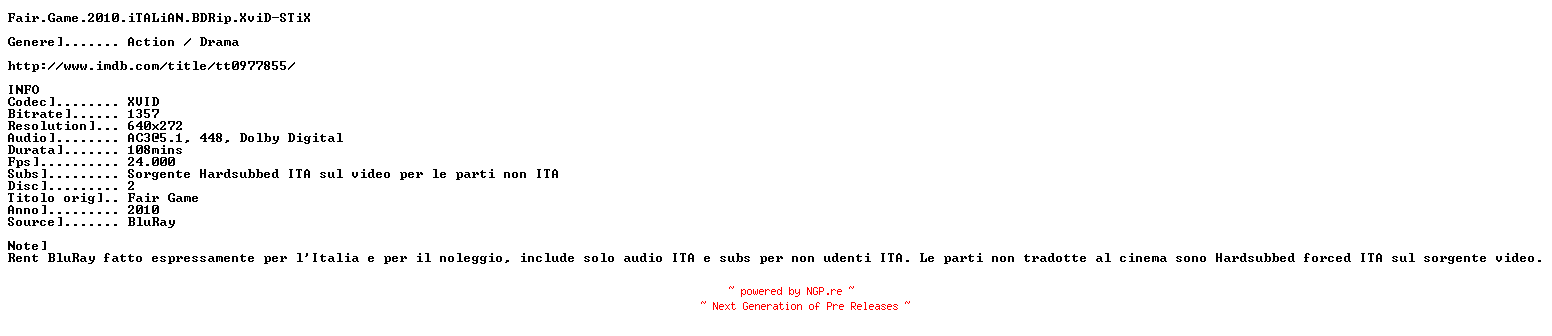 NFO for the release Fair.Game.2010.iTALiAN.BDRip.XviD-STiX by STiX