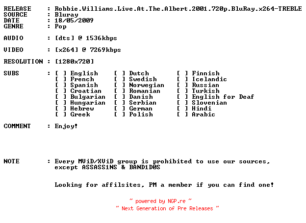 NFO for the release Robbie.Williams.Live.At.The.Albert.2001.720p.BluRay.x264-TREBLE by TREBLE