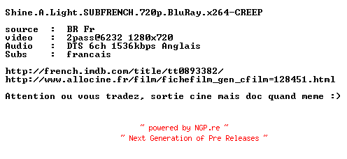NFO for the release Shine.A.Light.SUBFRENCH.720p.BluRay.x264-CREEP by CREEP