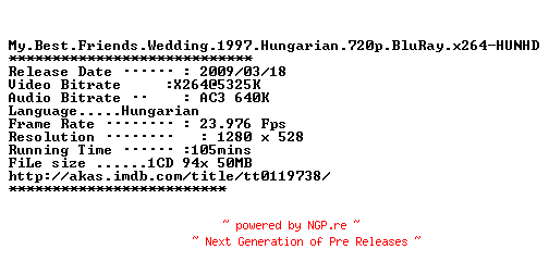 NFO for the release My.Best.Friends.Wedding.1997.Hungarian.720p.BluRay.x264-HUNHD by HUNHD