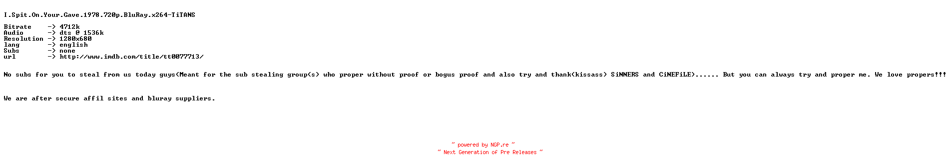 NFO for the release I.Spit.On.Your.Grave.1978.720p.BluRay.x264-TiTANS by TiTANS