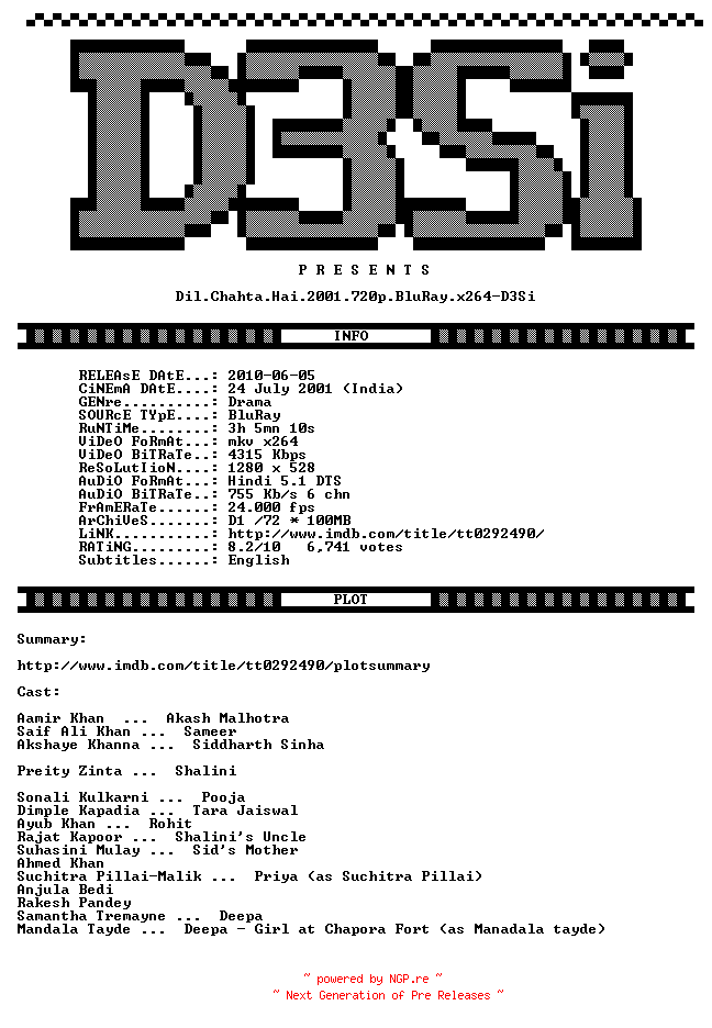 NFO for the release Dil.Chahta.Hai.2001.720p.BluRay.x264-D3Si by D3Si
