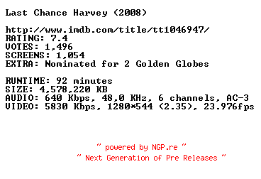 NFO for the release Last.Chance.Harvey.720p.Bluray.x264-CBGB by CBGB