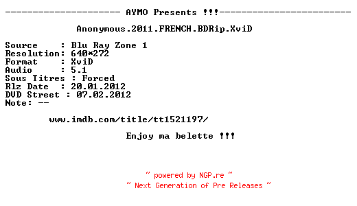 NFO for the release Anonymous.2011.FRENCH.BDRip.XviD-AYMO by AYMO