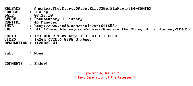NFO for the release America.The.Story.Of.Us.E11.720p.BluRay.x264-SEMTEX by SEMTEX