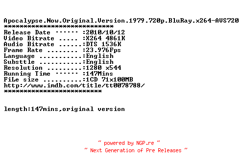 NFO for the release Apocalypse.Now.Original.Version.1979.720p.BluRay.x264-AVS720 by AVS720
