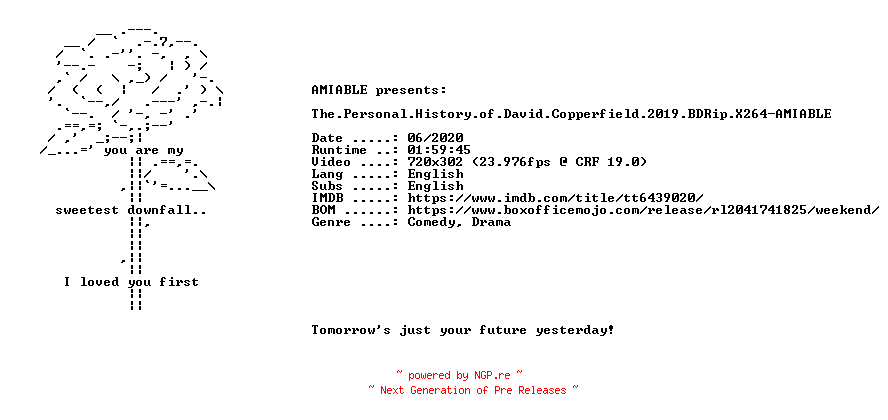 NFO for the release The.Personal.History.of.David.Copperfield.2019.BDRip.X264-AMIABLE by AMIABLE