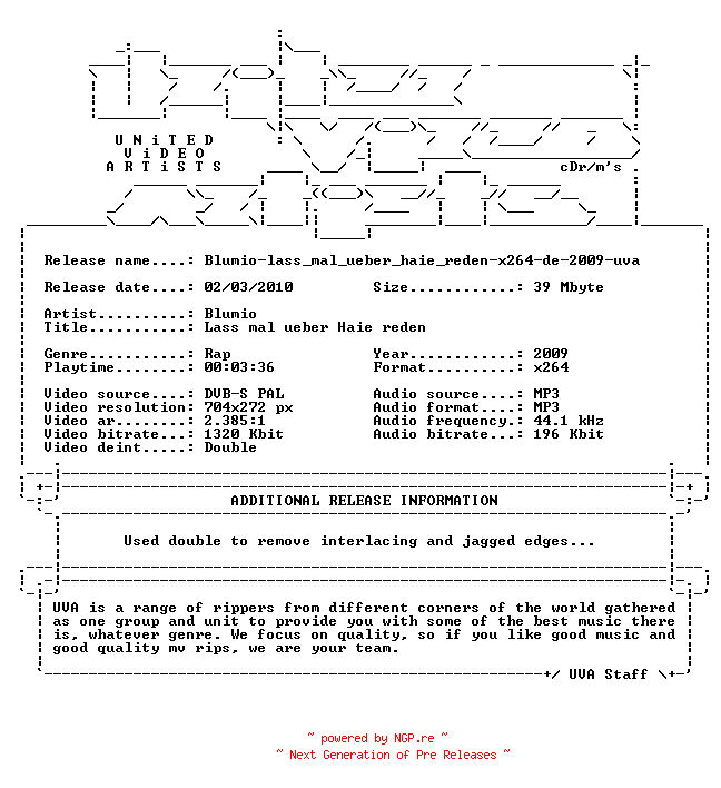 NFO for the release Blumio-lass_mal_ueber_haie_reden-x264-de-2009-uva by uva