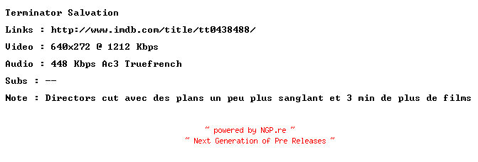 NFO for the release Terminator.Salvation.Directors.Cut.FRENCH.BDRiP.XviD-SURViVAL by SURViVAL