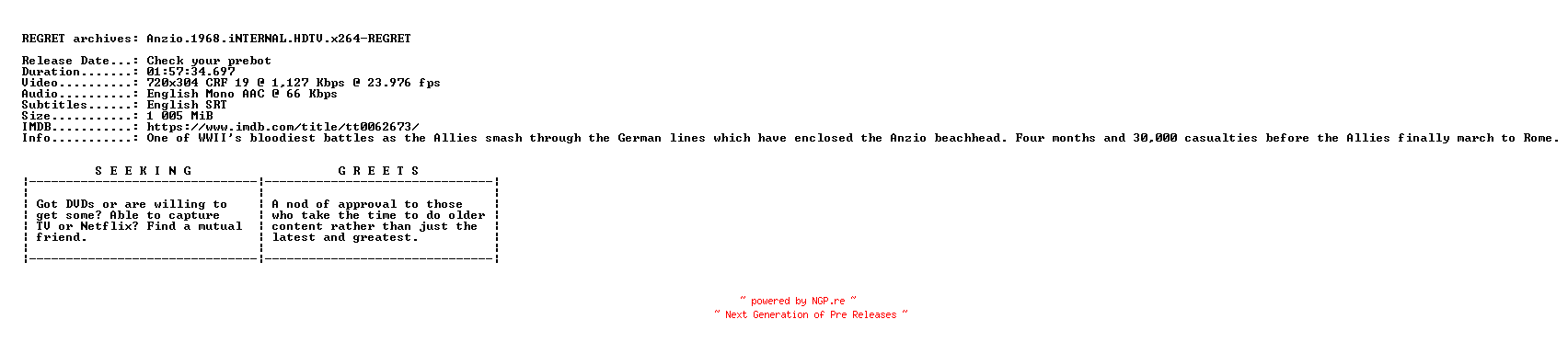NFO for the release Anzio.1968.iNTERNAL.HDTV.x264-REGRET by REGRET