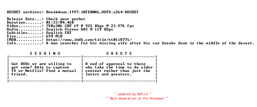 NFO for the release Breakdown.1997.iNTERNAL.HDTV.x264-REGRET by REGRET