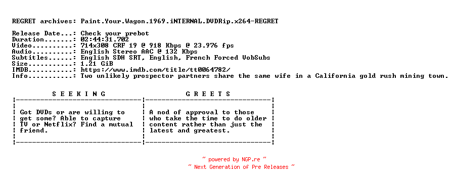 NFO for the release Paint.Your.Wagon.1969.iNTERNAL.DVDRip.x264-REGRET by REGRET