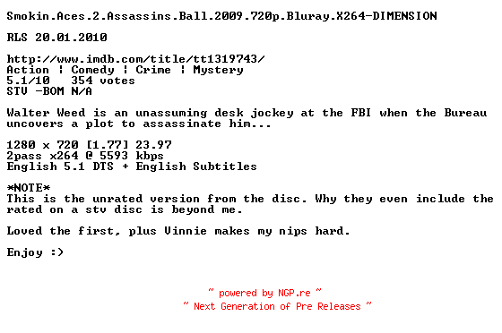 NFO for the release Smokin.Aces.2.Assassins.Ball.2009.720p.Bluray.X264-DIMENSION by DIMENSION