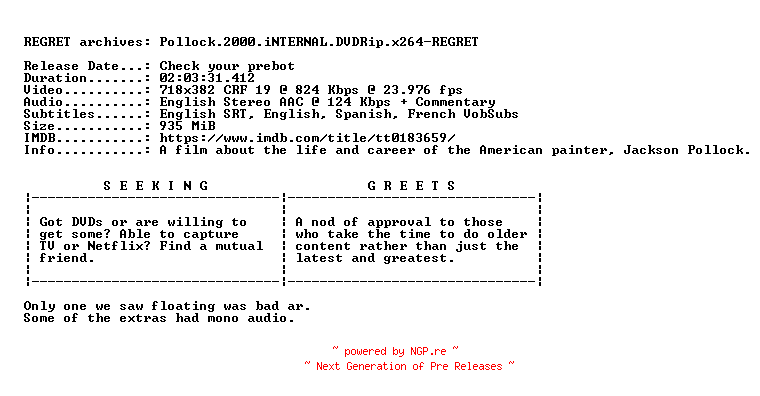 NFO for the release Pollock.2000.iNTERNAL.DVDRip.x264-REGRET by REGRET