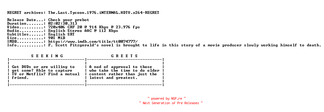 NFO for the release The.Last.Tycoon.1976.iNTERNAL.HDTV.x264-REGRET by REGRET