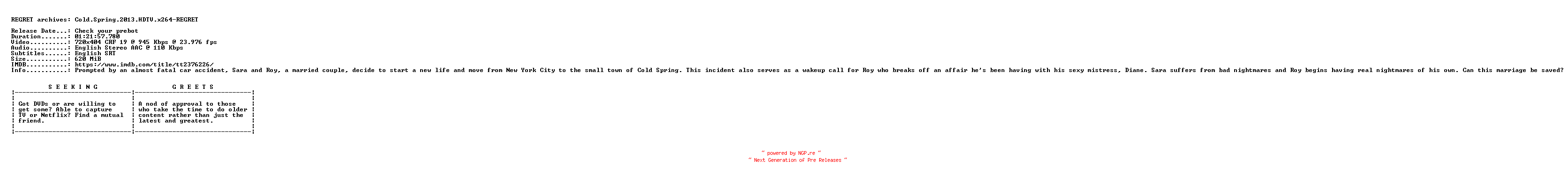 NFO for the release Cold.Spring.2013.HDTV.x264-REGRET by REGRET