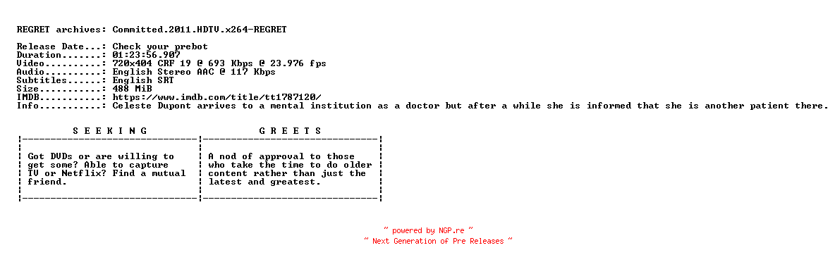 NFO for the release Committed.2011.HDTV.x264-REGRET by REGRET