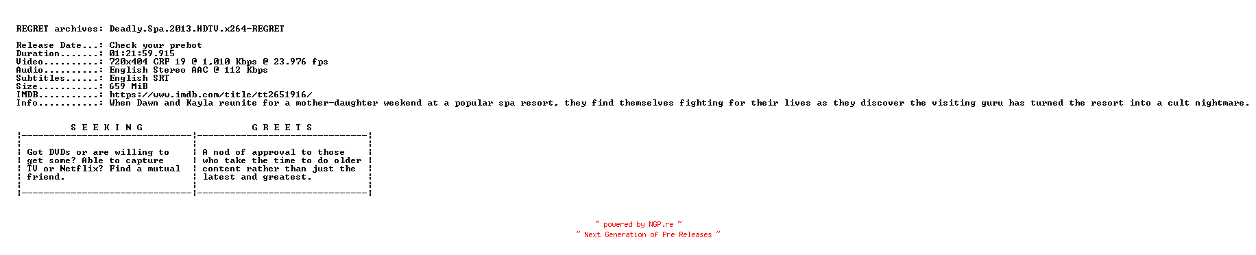 NFO for the release Deadly.Spa.2013.HDTV.x264-REGRET by REGRET