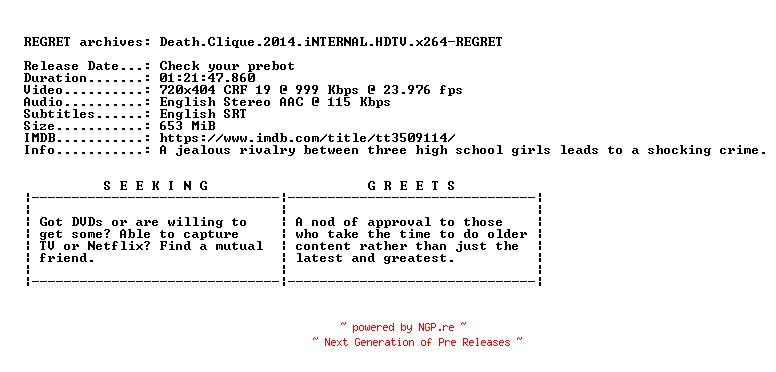 NFO for the release Death.Clique.2014.iNTERNAL.HDTV.x264-REGRET by REGRET