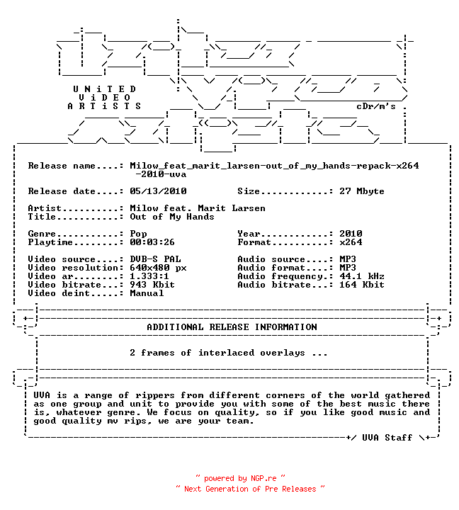 NFO for the release Milow_feat_marit_larsen-out_of_my_hands-repack-x264-2010-uva by uva