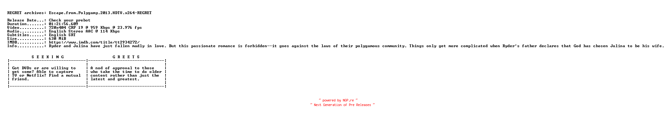 NFO for the release Escape.from.Polygamy.2013.HDTV.x264-REGRET by REGRET