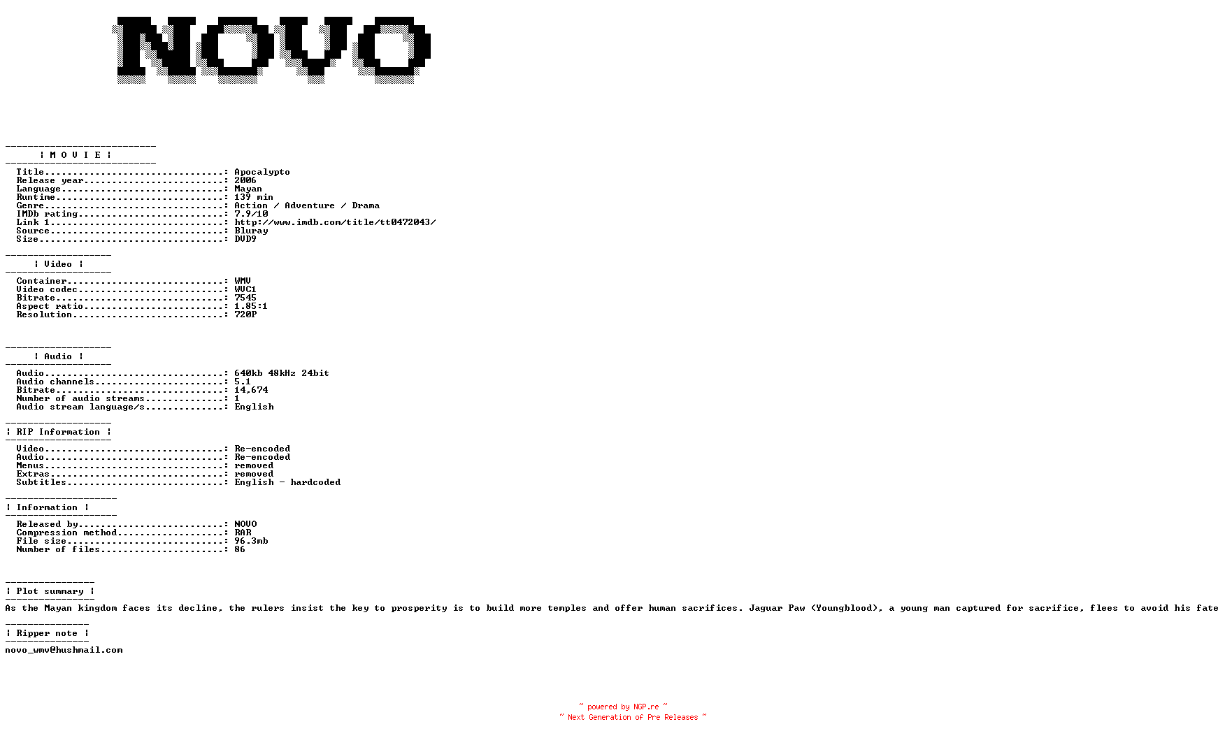 NFO for the release Apocalypto.2006.Bluray.VC1.720P.5.1.WMV-NOVO by NOVO