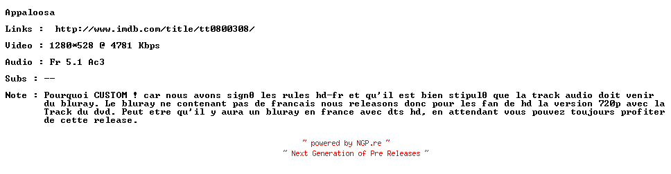NFO for the release Appaloosa.720p.CUSTOM.FRENCH.BluRay.x264-ForceBleue by ForceBleue