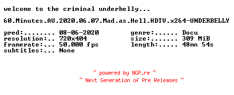 NFO for the release 60.Minutes.AU.2020.06.07.Mad.as.Hell.HDTV.x264-UNDERBELLY by UNDERBELLY