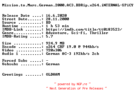 NFO for the release Mission.to.Mars.German.2000.AC3.BDRip.x264.iNTERNAL-SPiCY by SPiCY