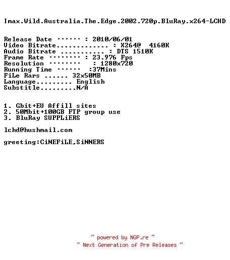 NFO for the release Imax.Wild.Australia.The.Edge.2002.720p.BluRay.x264-LCHD by LCHD