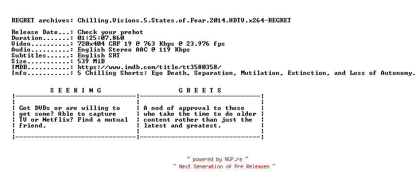 NFO for the release Chilling.Visions.5.States.of.Fear.2014.HDTV.x264-REGRET by REGRET