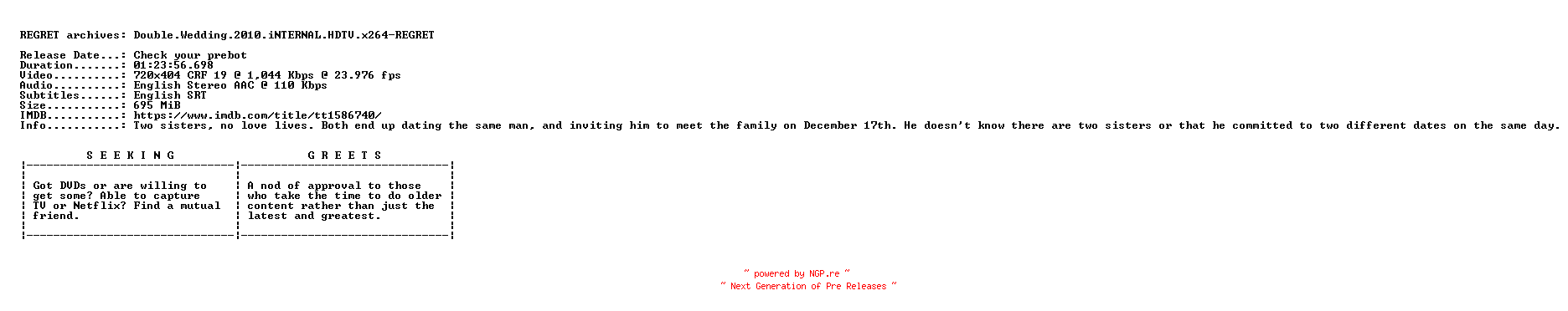 NFO for the release Double.Wedding.2010.iNTERNAL.HDTV.x264-REGRET by REGRET