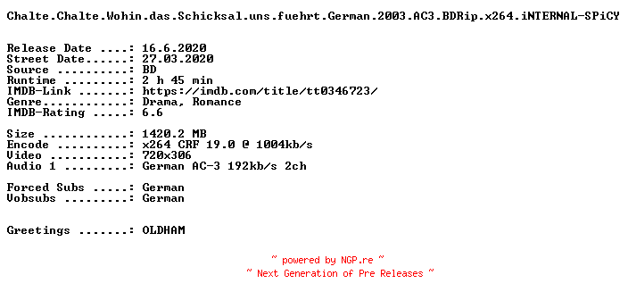 NFO for the release Chalte.Chalte.Wohin.das.Schicksal.uns.fuehrt.German.2003.AC3.BDRip.x264.iNTERNAL-SPiCY by SPiCY