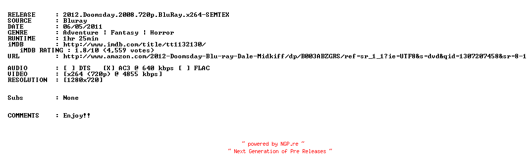 NFO for the release 2012.Doomsday.2008.720p.BluRay.x264-SEMTEX by SEMTEX