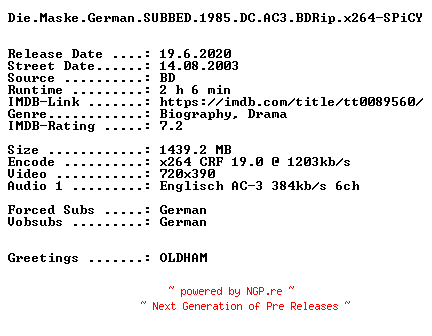 NFO for the release Die.Maske.German.SUBBED.1985.DC.AC3.BDRip.x264-SPiCY by SPiCY