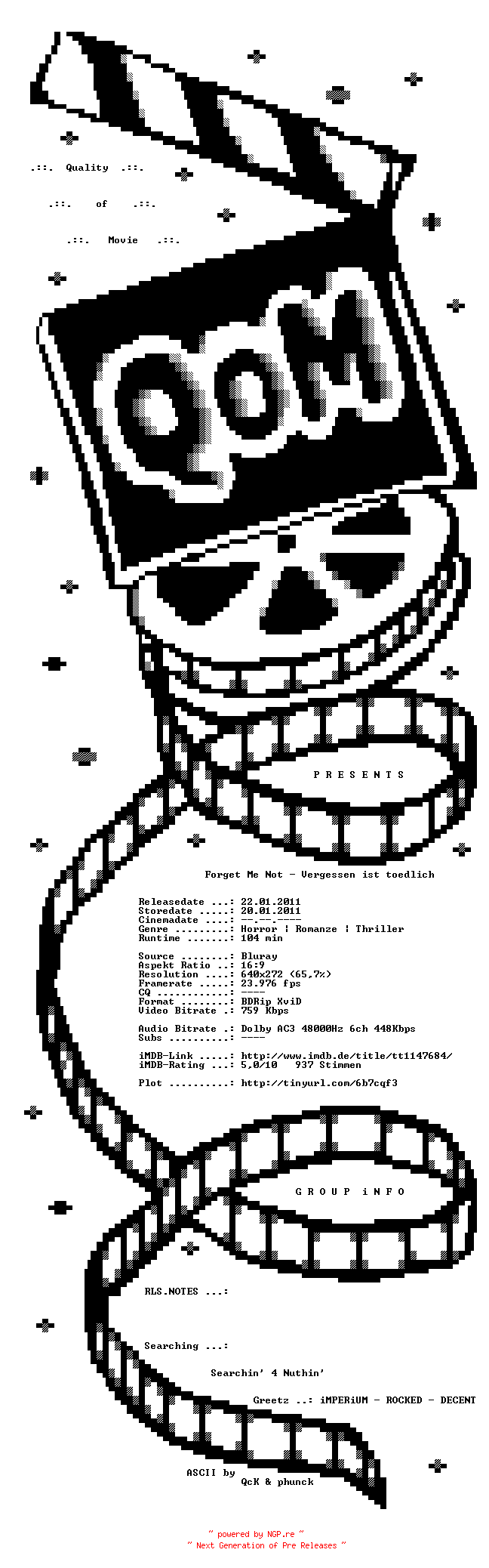 NFO for the release Forget.Me.Not.Vergessen.ist.toedlich.German.2009.AC3.BDRip.XviD-QoM by QoM