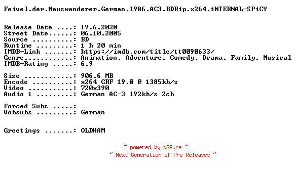 NFO for the release Feivel.der.Mauswanderer.German.1986.AC3.BDRip.x264.iNTERNAL-SPiCY by SPiCY